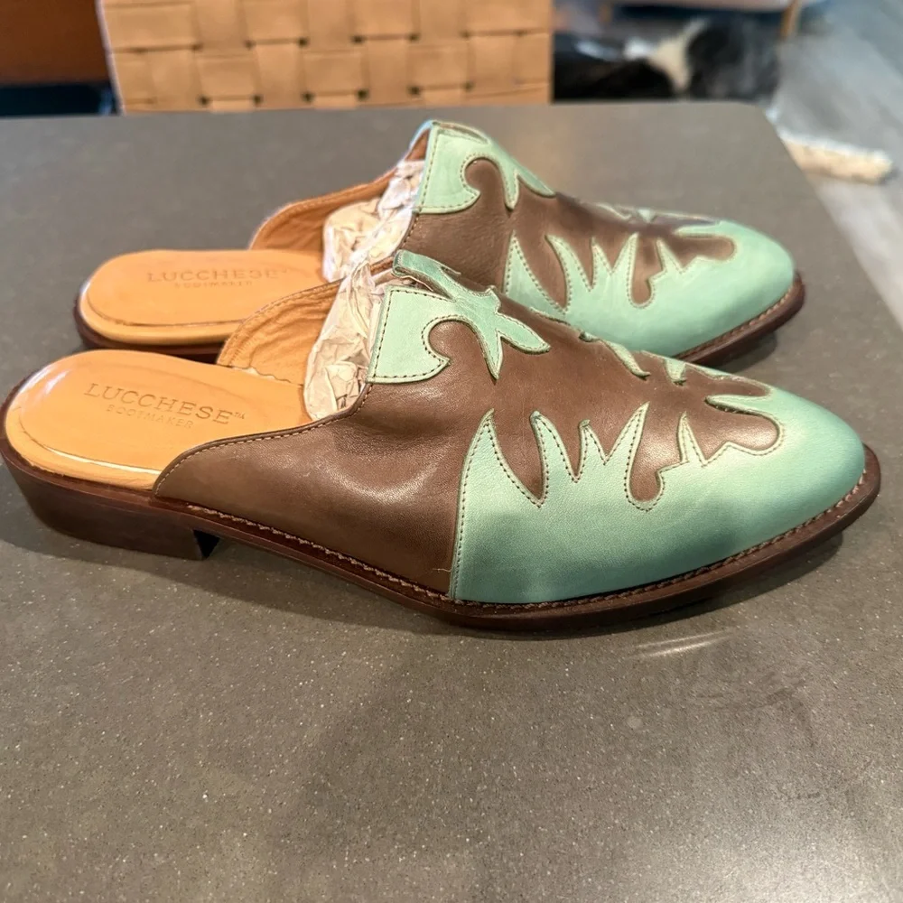 Lucchese Brown and Turquoise Leather Slip-On Mules - Picture 2 of 4